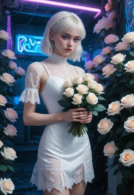 Woman in white dress with roses