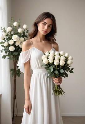 Woman in white dress holding roses