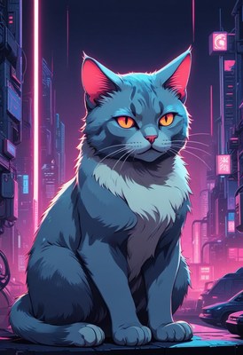 Cat sitting in neon city