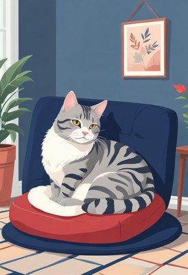 Tabby cat relaxing on cushion in chair