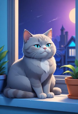 Cat gazing out window at night