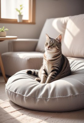 Tabby cat sitting on round pillow