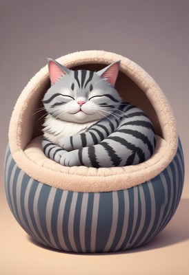 Sleeping tabby cat in striped bed