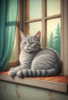 Gray cat relaxing by window