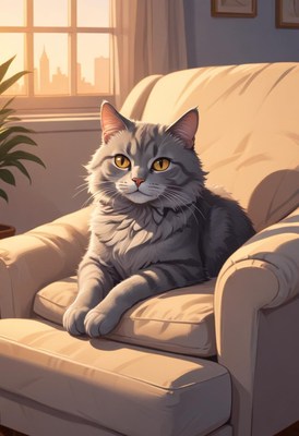 Cat relaxing in armchair by window