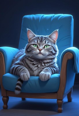 Cat relaxing in blue armchair