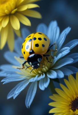 Yellow ladybug on blue flower