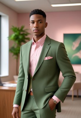 Man in green suit standing in office