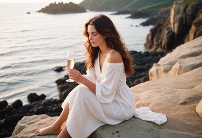 Woman enjoying champagne at sunset