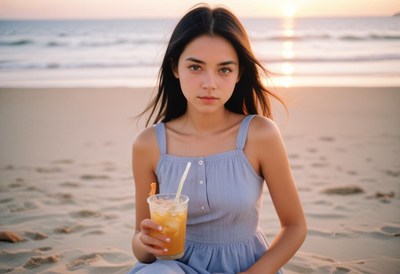 Woman drinking on beach at sunset