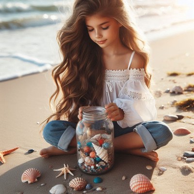 Girl filling jar with seashells on beach