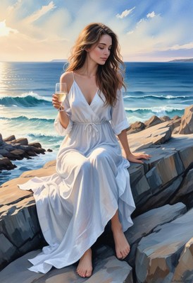 Woman in white dress by the sea