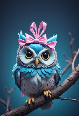 Blue owl with pink bow on branch