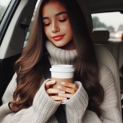 Woman in car with coffee