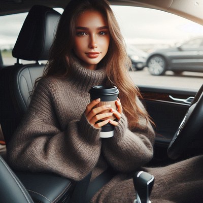 Woman in car holding coffee cup