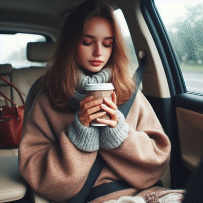 Woman enjoying coffee in car