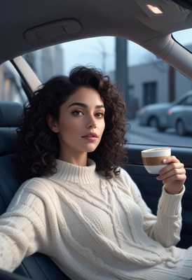 Woman in car with coffee