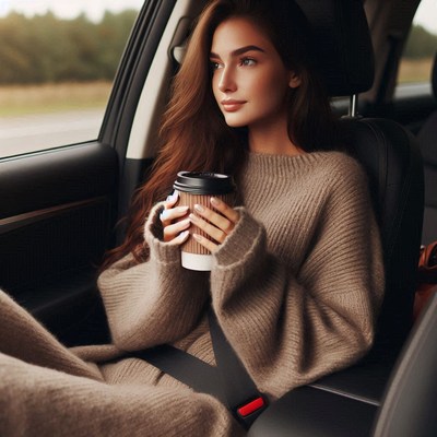 Woman in car with coffee
