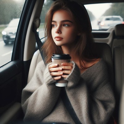 Woman drinking coffee in car