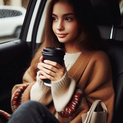 Woman enjoying coffee in car