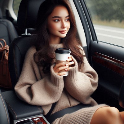Woman in car with coffee