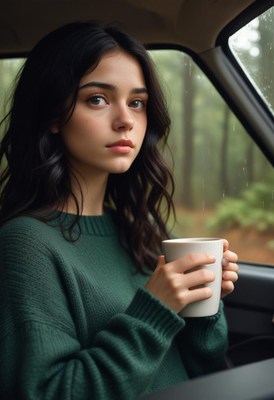 Woman drinking coffee in car