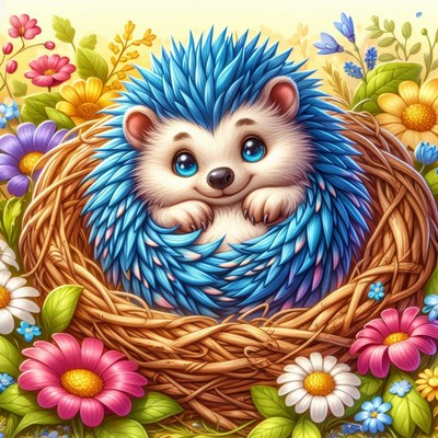 Blue hedgehog in a nest