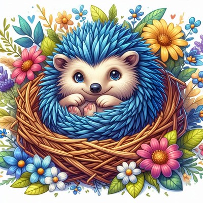 Blue hedgehog nestled in flowers