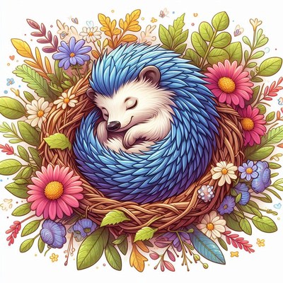 Sleeping hedgehog in flower nest