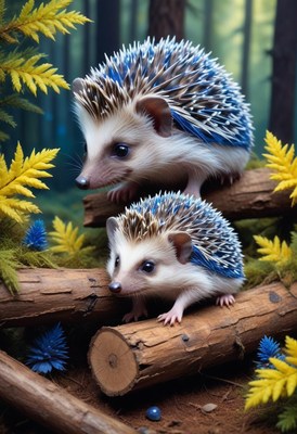 Two hedgehogs on log in forest