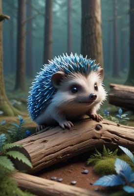Blue hedgehog on log in forest