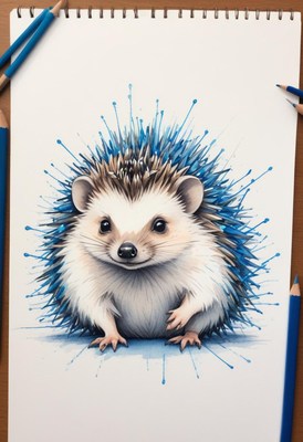 Hedgehog pencil drawing with blue splashes