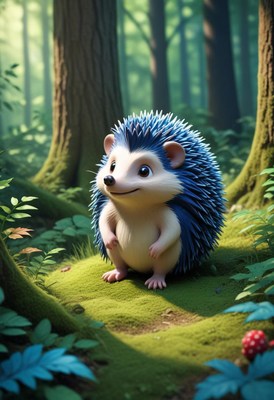 Blue hedgehog in forest clearing