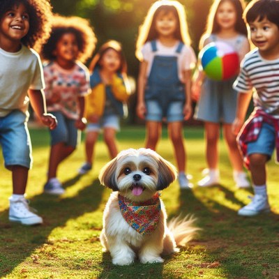 Dog and kids playing in park