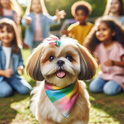 Smiling shih tzu with children in park
