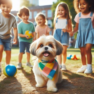 Dog with children playing in park