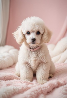 White poodle on pink blanket