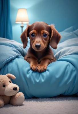 Dachshund puppy in blue bed