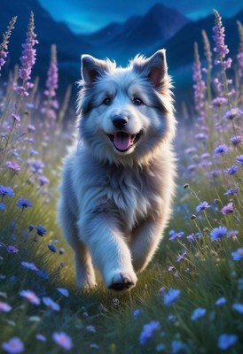Happy dog running through flowers