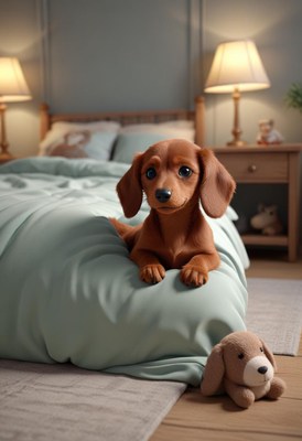 Dachshund puppy on bed at night
