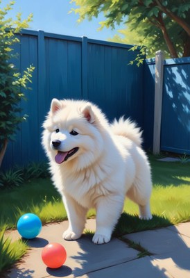 White dog playing in backyard