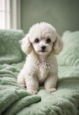 White poodle sitting on a bed