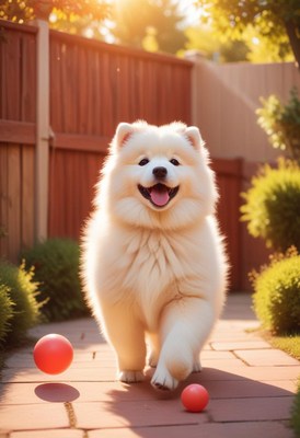Happy samoyed dog walking in backyard