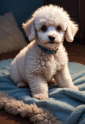 White poodle puppy on blue blanket