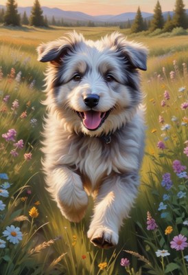 Happy dog running through field