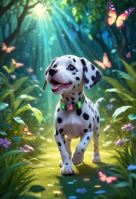 Dalmatian puppy walking through forest