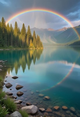 Rainbow over mountain lake
