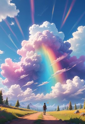 Person walking towards rainbow cloud