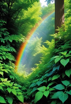 Rainbow in lush forest