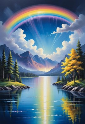 Rainbow over mountain lake